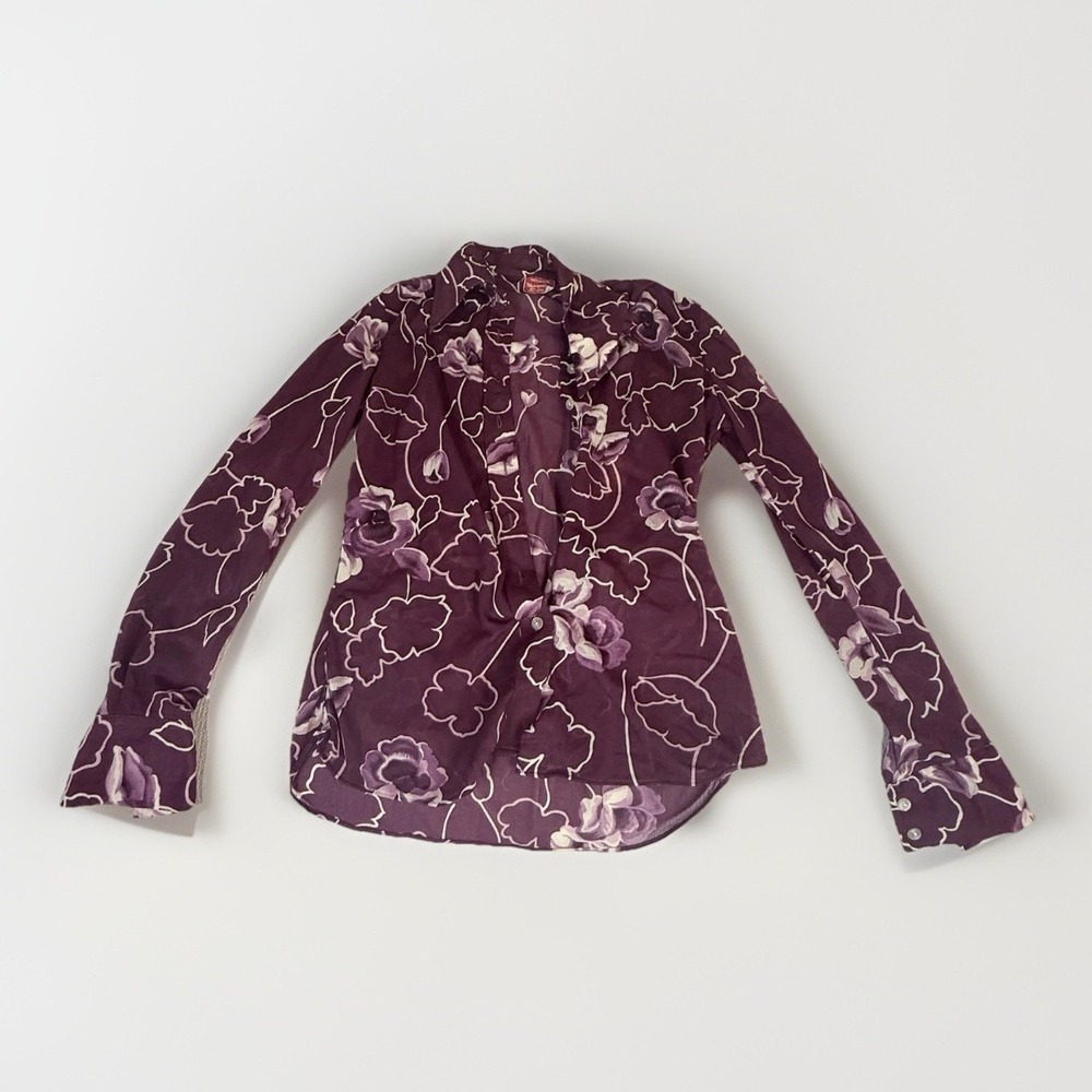 Vintage 70s Sheer Floral‎ Blouse Plum Purple Nylon Boho Retro Top Size 11
